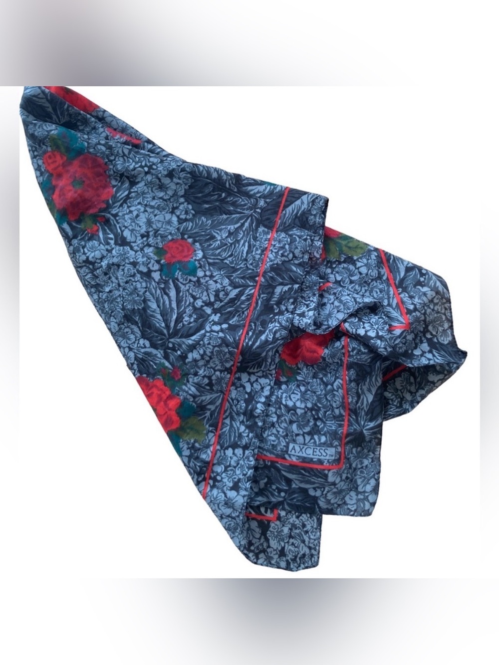 Vintage Dark Floral Patterned Scarf 31”x31” Gray and Red Roses EUC